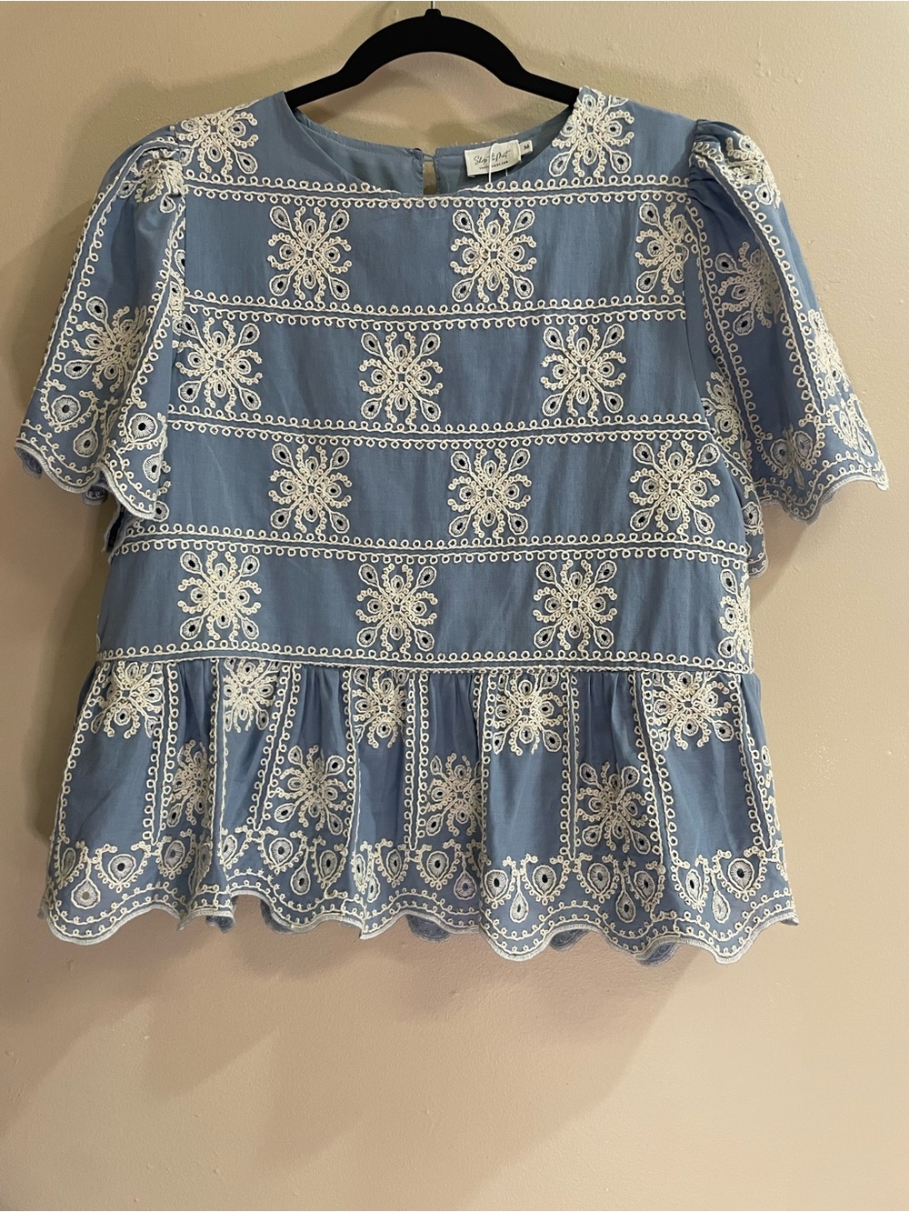 NWOT Shop the Mint Dusty Blue Embroidered Peplum Top Blouse Size M